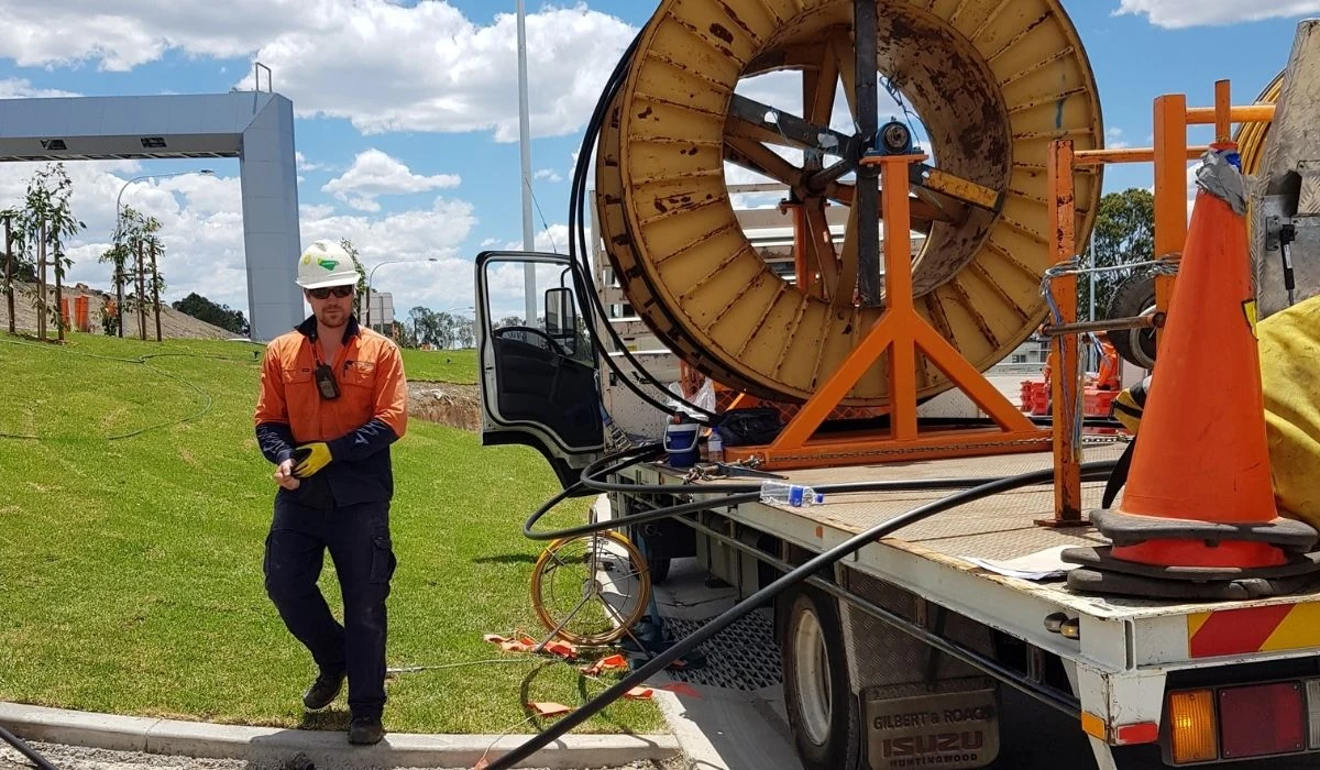 AZ Connect cable hauling — cable drum on the WestConnex M4 motorway project, NSW